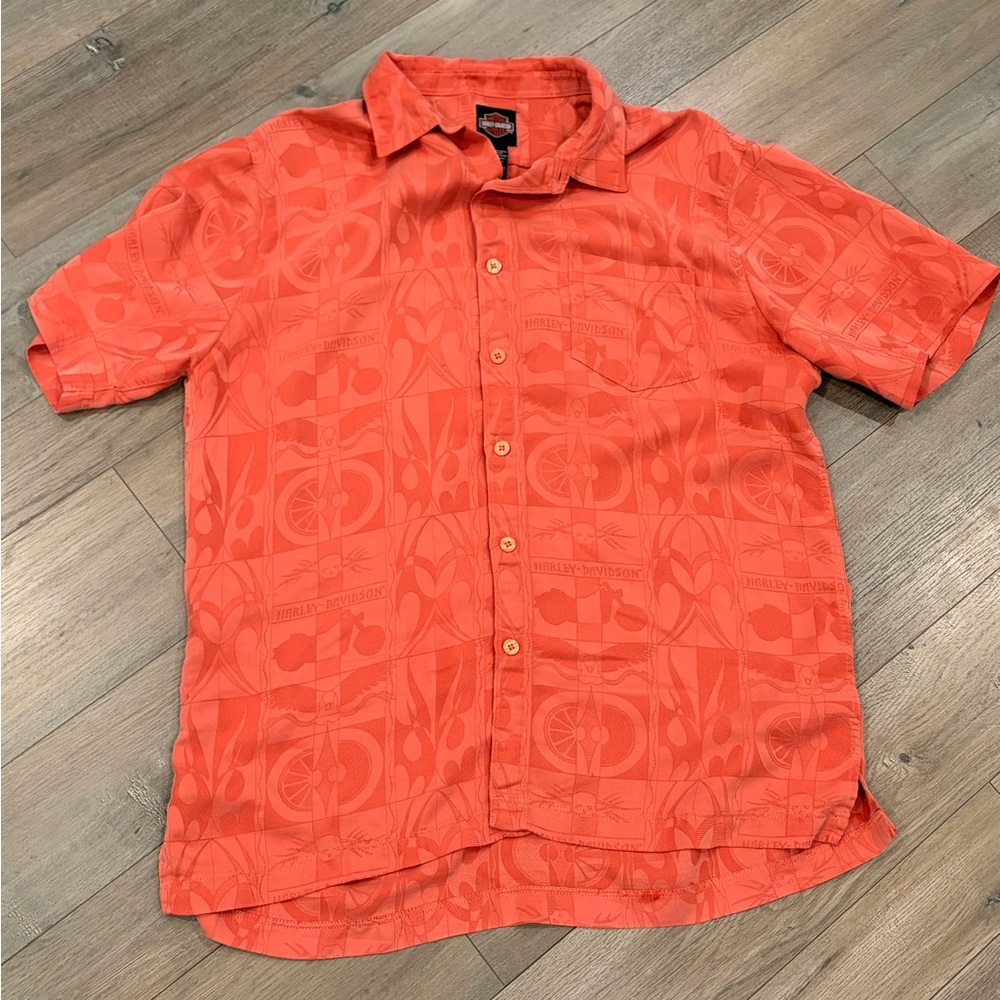 Vintage Y2K Harley-Davidson Hawaiian Orange Button Down Short Sleeve-Men’s Large